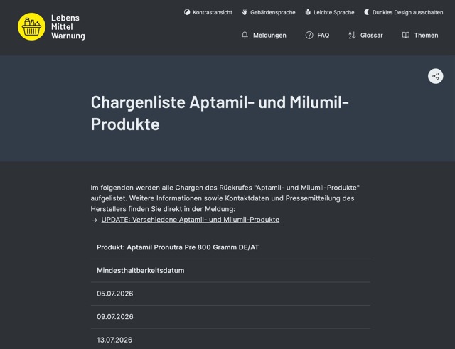 Mehr über den Artikel erfahren Lebensmittelwarnung: Aptamil- und Milumil-Produkte